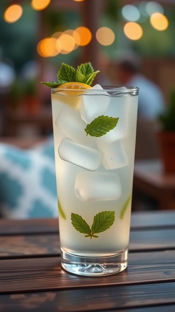 A Bourbon Tonic cocktail with ice, garnished with a lime wedge and mint leaves on a wooden table.